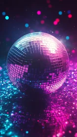 Neon disco ball reflects vibrant magenta and cyan light.
