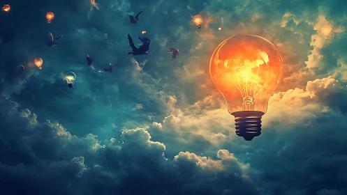 Light bulbs and birds in illuminated cloudy evening sky.