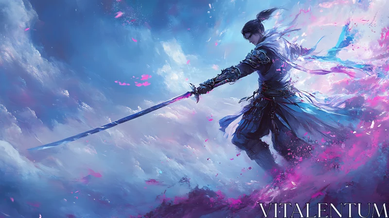 Swordmaster cleaves storm sky with sweeping ethereal arc