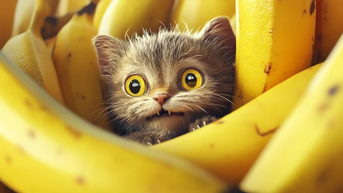 Feline Subject Nestled Among Bananas: Digitally Rendered Portrait