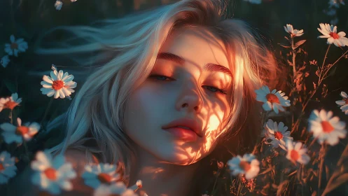 Subsurface sunset lighting on reclined face amid daisies.