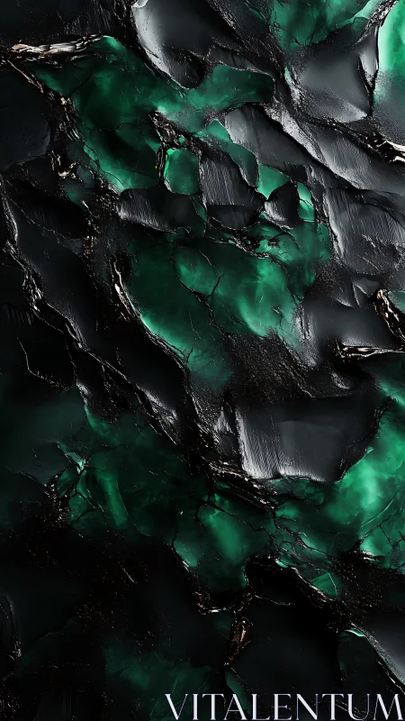 Midnight obsidian cracked open to glowing emerald rivers.