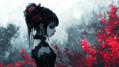 Gothic female profile in red and black forest setting.