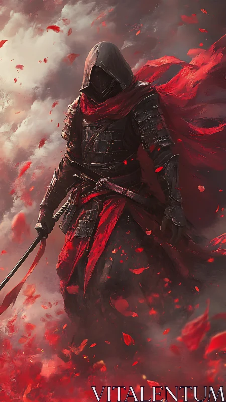 Hooded crimson warrior strides through swirling red storm