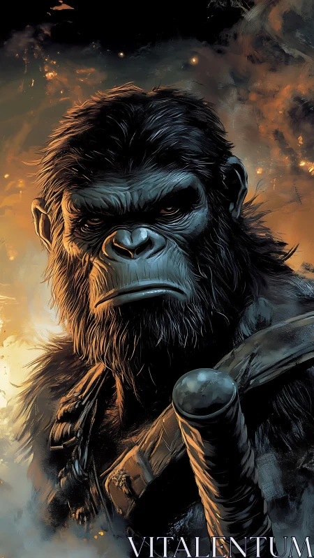 Warrior ape portrait in dramatic smoky lighting.