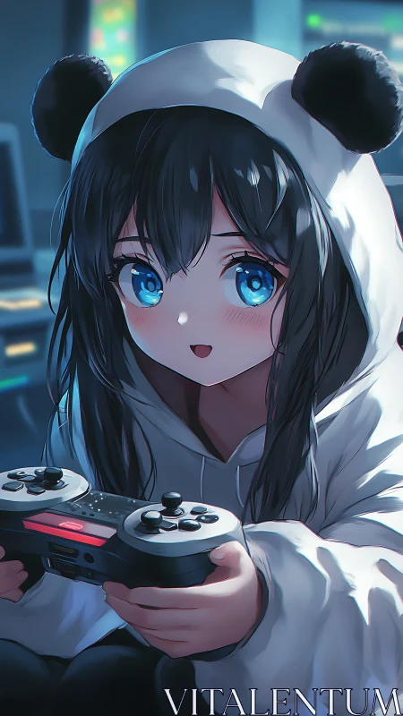 Panda hoodie gamer girl rendered with high-gloss anime lighting precision