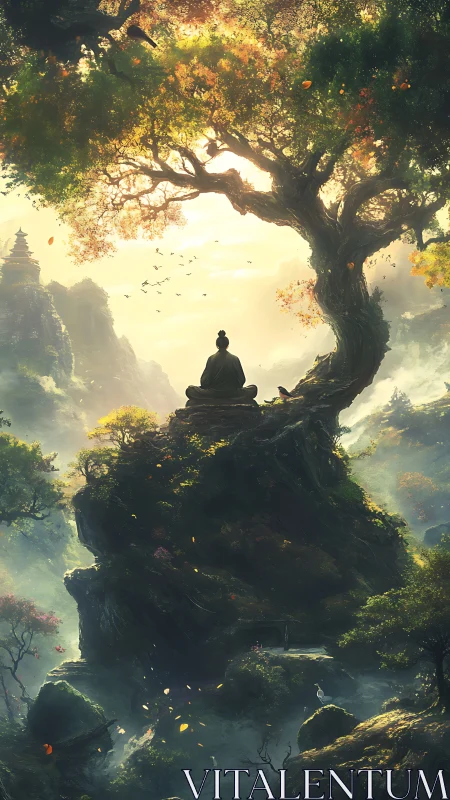 Vertical fantasy vista shows meditating figure under luminous tree