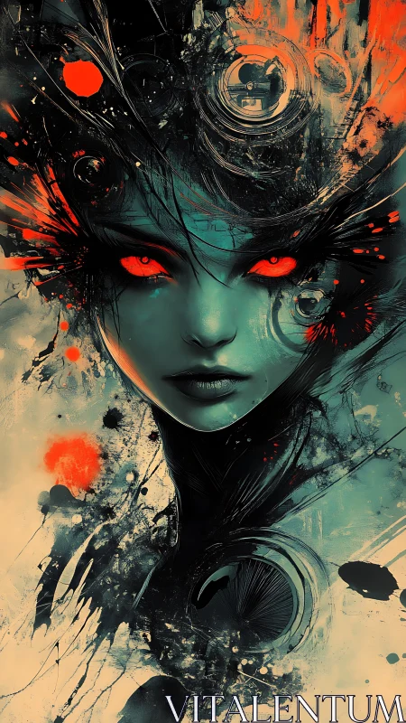 Abstract cybernetic portrait with teal face and red accents.