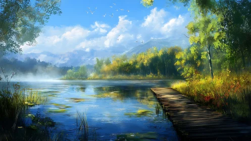 Quiet lakeside boardwalk under bright blue sky at dawn.