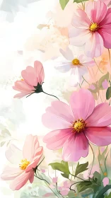 Soft Pink Cosmos Flowers Rendered in Watercolor Botanical Illustration.