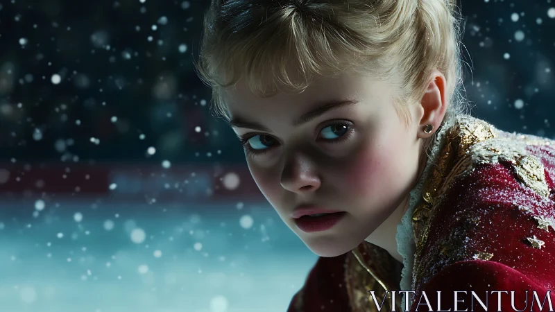 Frostlit skater pausing mid-glide in a storm of glittering snow.