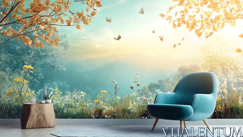 Teal lounge chair before dreamy spring meadow mural.