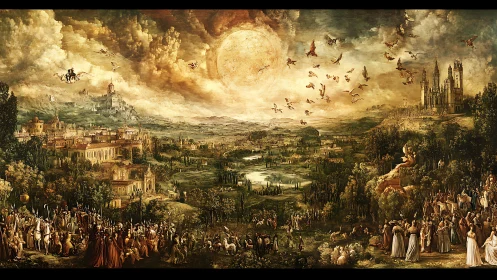 Golden celestial valley alive with castles, clouds, and crowds.