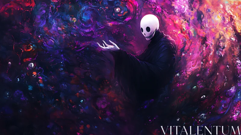 Gentle skull spirit drifting through a swirling cosmic dream.