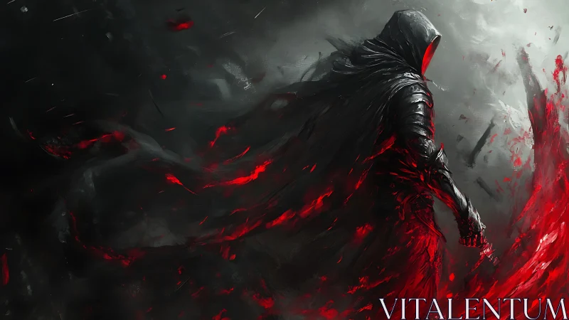 Hooded armored figure amid swirling red and black energy.