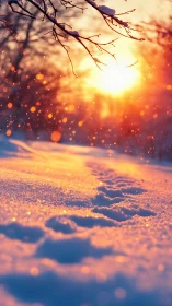 Winter footsteps glow under low sun across snowy path