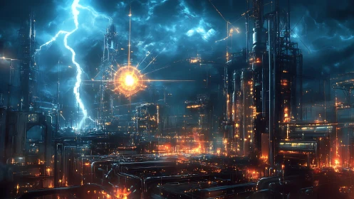 Stormlit cyberpunk megacity channels blazing energy core
