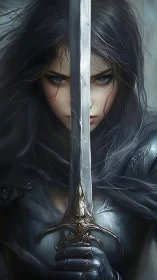Dark haired female warrior stares past vertical sword blade