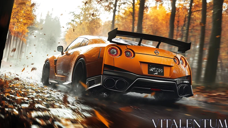 Orange sports car powers through dynamic autumn forest road.