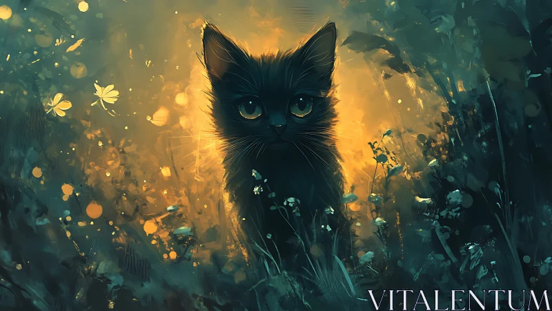 Luminescent Black Feline Subject in Luminous Golden Field.