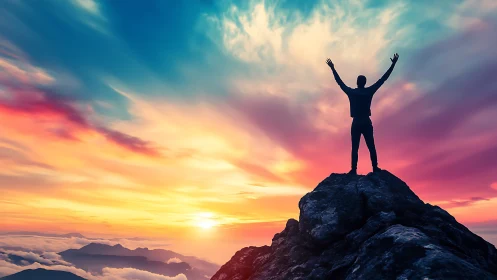 Sky-struck climber crowned by a fire-soaked sunrise.