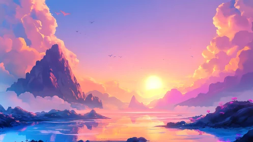 Dreamy pastel sunrise over calm fantasy mountainscape.