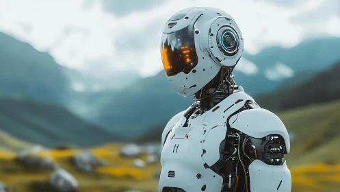 Humanoid white robot stands in outdoor mountainous landscape