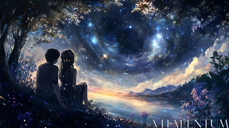 Couple sitting by lake under swirling starry galaxy sky.