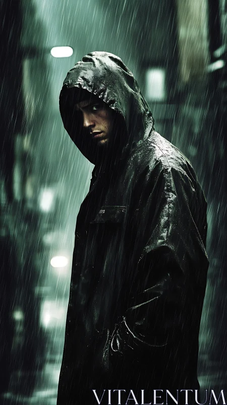 Mysterious hooded figure walks alone through the rainy city