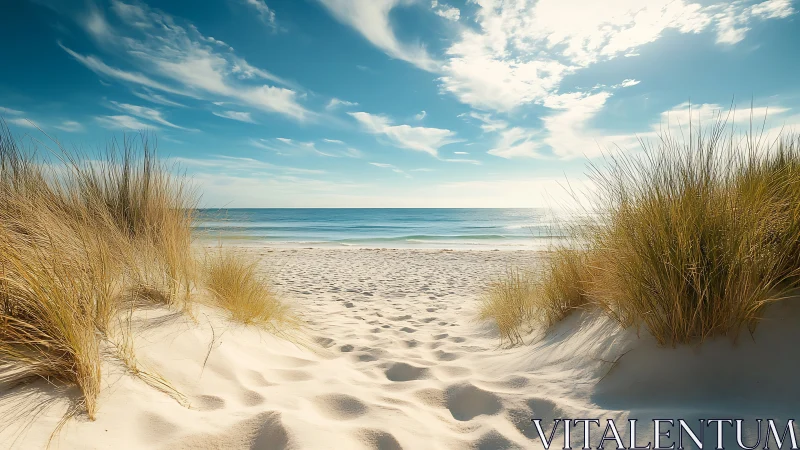 Sunlit sandy path opens between dunes toward calm sea