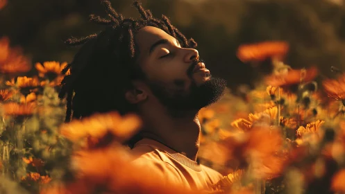 Photorealistic portrait in golden-hour floral field composition.