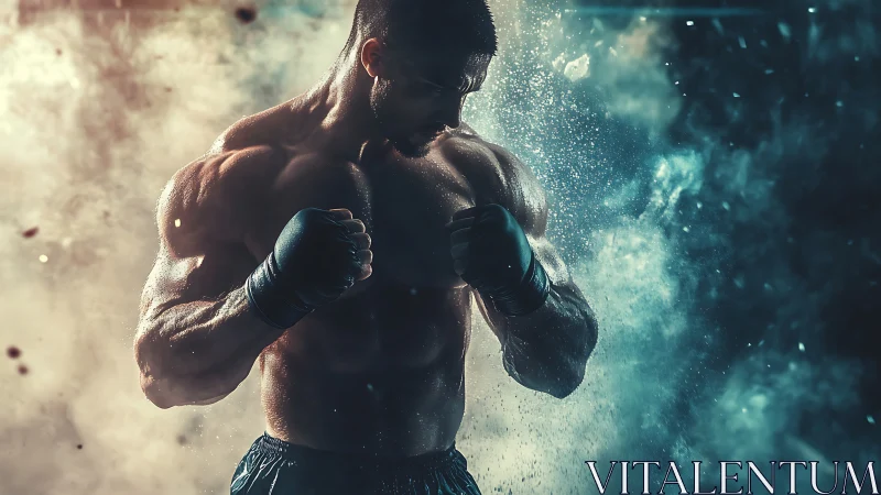Muscular boxer mid-combat stance with hand wraps and volumetric atmospheric effects