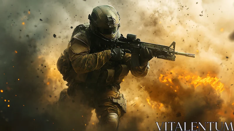 Storm of sparks around a focused futuristic soldier in motion.