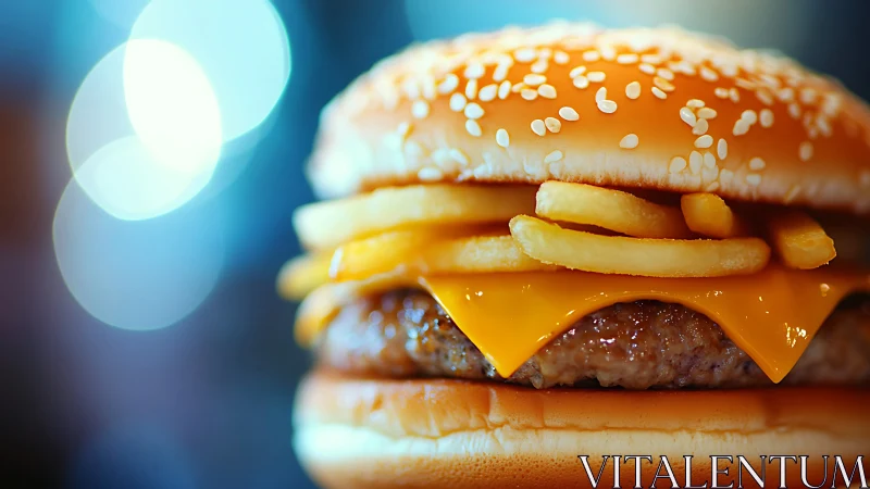 Layered cheeseburger with fries under selective focus lighting.