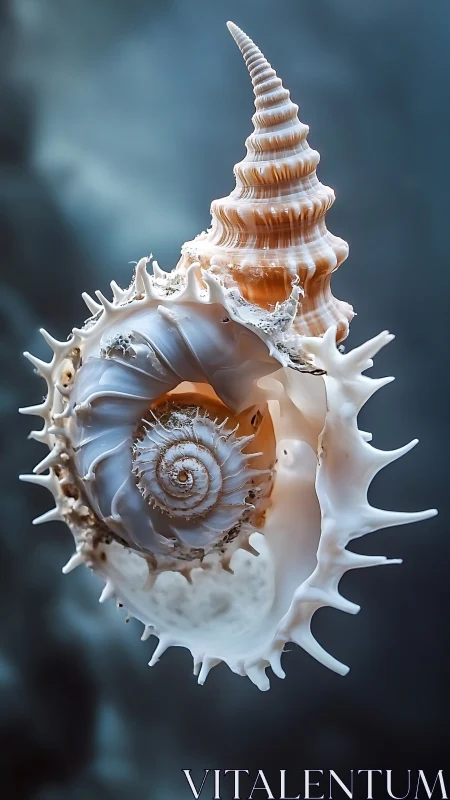 Spiraled sea shell glowing softly in tranquil ocean light.