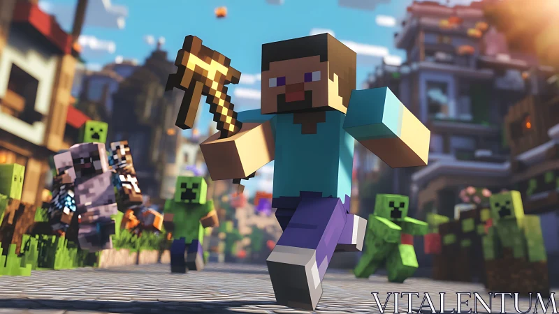 Pixel hero dashes through town with mobs in lively pursuit