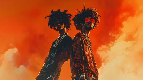 Twin flame silhouettes stride through a molten sunset sky