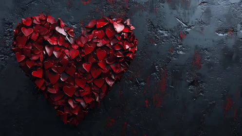 Sculptural Heart Constructed from Layered Red Petals Against Textured Dark Surface