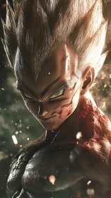 Battle-scarred warrior stares forward under dramatic light