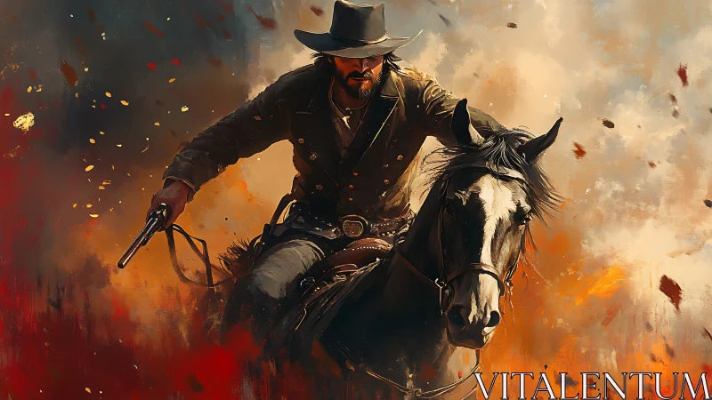 Lone gunslinger rides through blazing dust storm