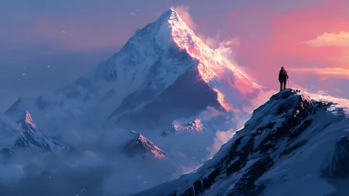 Solitary climber facing glowing alpine summit at dawn.