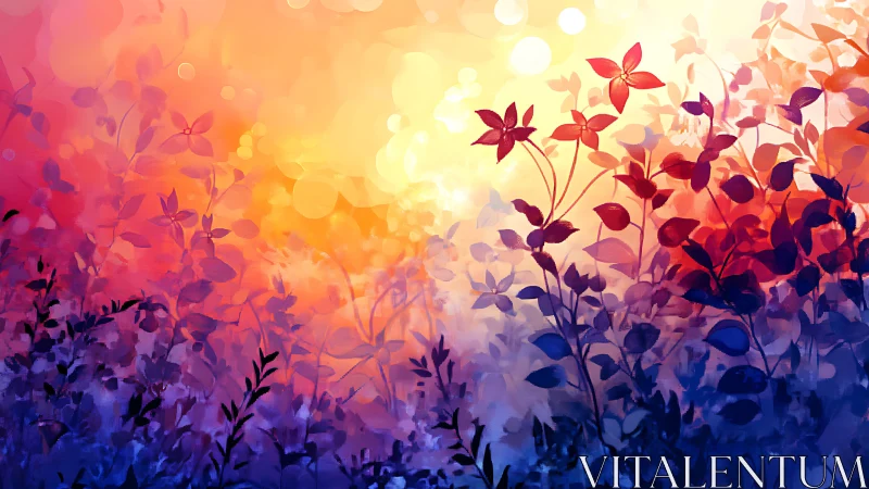 Chromatic bokeh foliage field under high-saturation sunset gradient.