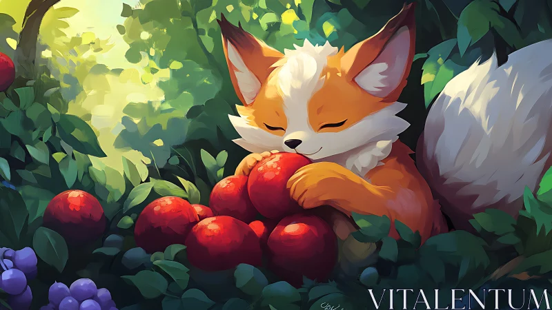 Cute orange fox cuddling red fruit in lush forest scene.