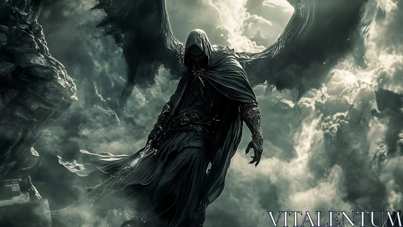 Winged hooded figure in stormy sky with rocky outcrops.
