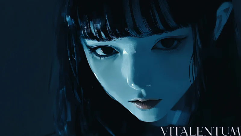 Blue-lit digital portrait of intense young woman close-up