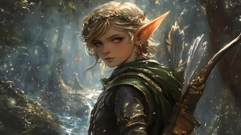 Forest elf ranger pauses in golden light of a hidden glade