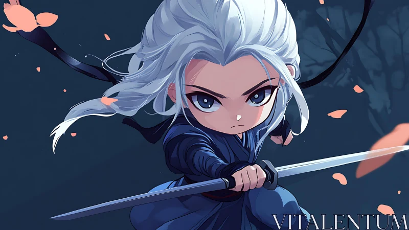 Chibi style swordsman with white hair in dark setting.