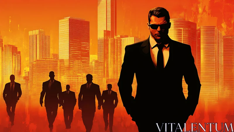 Suited men in silhouette against vivid orange city skyline.