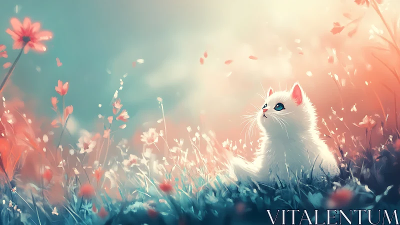 White Cat Gazing Among Coral Wildflowers.