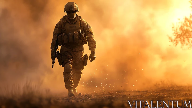 Lone combatant strides through burning dusk and drifting ash.